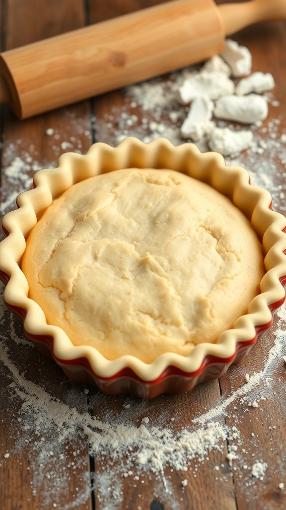 Golden-brown pie crust in a rustic dish, with flour and a rolling pin in the background.